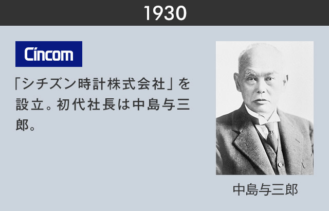 1930　「シチズン時計株式会社」を設立。初代社長は中島与三郎。