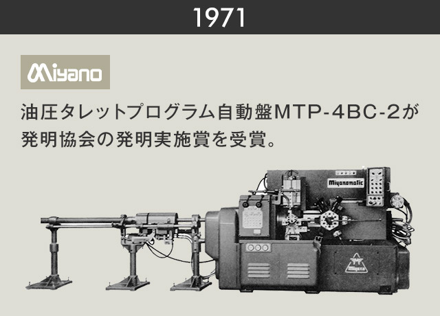 1971　油圧タレットプログラム自動盤MTP-4BC-2が発明協会の発明実施賞を受賞。
