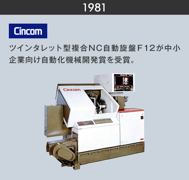 1981　ツインタレット型複合NC自動旋盤Ｆ12が中小企業向け自動化機械開発賞を受賞。