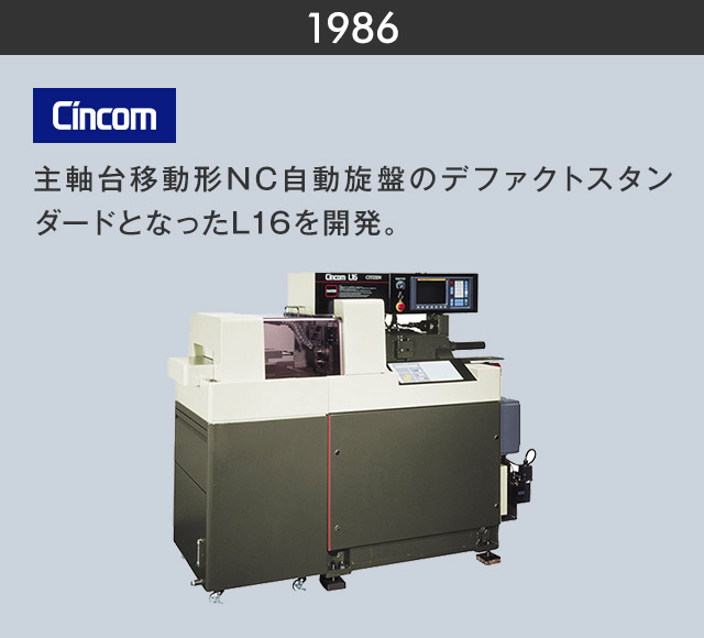 1986　主軸台移動形NC自動旋盤のデファクトスタンダードとなったL16を開発。