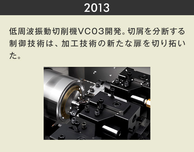 2013　低周波振動切削機VC03開発。切屑を分断する制御技術は、加工技術の新たな扉を切り拓いた。